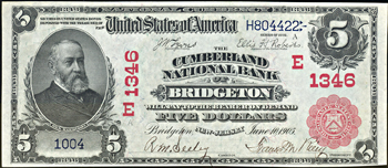 1902 $5.00. Bridgeton, NJ Charter# 1346 Red Seal. AU.