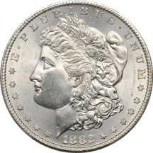 Four Morgan dollars graded MS-65 by PCGS.