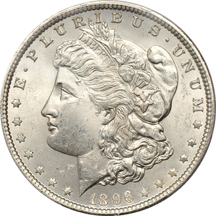 Seven Morgan dollars graded MS-64 by PCGS.