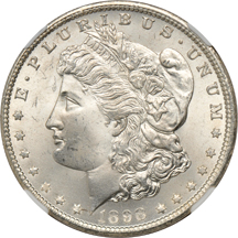 Five Morgan dollars graded MS-65 by NGC.