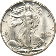 Five Walking Liberty half-dollars graded MS-66 by NGC.