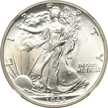 Five Walking Liberty half-dollars graded MS-66 by NGC.