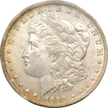 Four Morgan silver dollars graded MS-62 by PCGS.