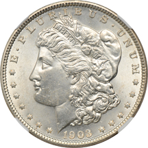 A Morgan dollar and two Peace dollars, all NGC MS-65.