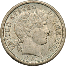 Five Barber dimes and three Barber quarters.