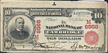 1902 $10.00 Serial number 1. Cambridge, OH Charter# 6566 Red Seal. PCGS VF.