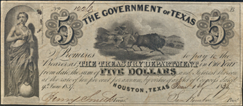 $5 Obsolete Banknote, Government of Texas.  PCGS VF-30PPQ.