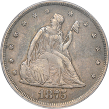 1875-CC 20-cent piece PCGS XF-40, and an 1877 Seated quarter, PCGS VF-20 CAC.