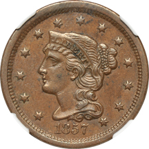 1857 Small Date (N-2). NGC MS-61.