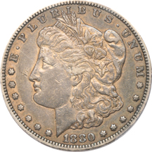 Four PCGS certified Morgan dollars.