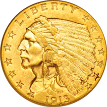 Three U.S. gold coins.