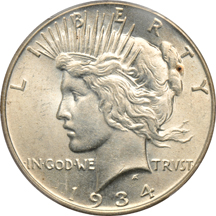 1902 $2.50 Liberty, 1927 Standing Liberty quarter, and a 1934 Peace dollar, all PCGS AU-58.