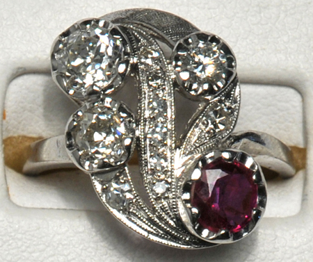 14K Vintage White Gold Diamond and Ruby Ring, ca. 1950