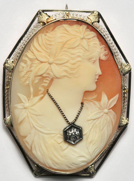 14K White Gold Large Cameo Pin/Pendant