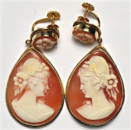 14K Yellow Gold Cameo Clip On Earrings