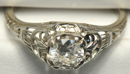 14K White Gold Filigree Solitaire Ring, ca. 1920