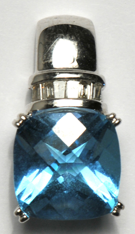 14K White Gold Diamond and Blue Topaz Pendant