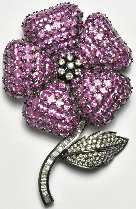 18K Black Gold Pink Sapphire and Diamond Flower Pin