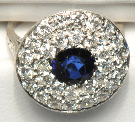 Platinum Diamond Ring with Blue Stone, ca 1915