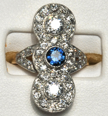 14K Vintage Yellow Gold and Platinum Diamond and Sapphire Ring, ca. 1920