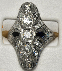 14K Vintage White Gold Diamond and Sapphire Ring, ca. 1930
