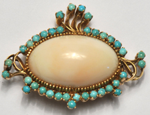 14K Yellow Gold Peach Cabochon and Turquoise Pin