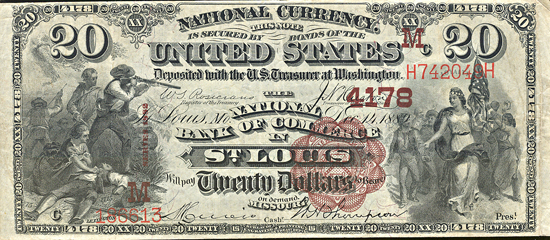 1882 $20.00. Saint Louis, MO Charter# 4178 Brown Back. VF.