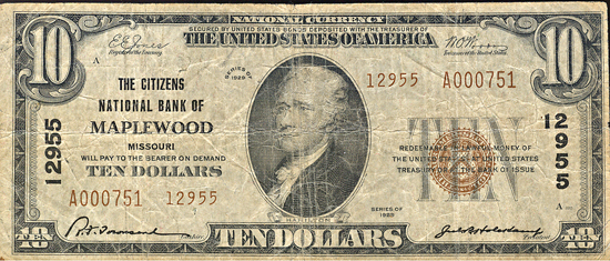 1929 $10.00. Maplewood, MO Charter# 12955 Ty. 2. F.