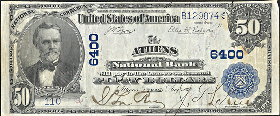 1902 $50.00. Athens, TX Charter# 6400 Blue Seal Date Back. XF.