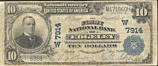 1902 $10.00. Edgeley, ND Charter# 7914 Blue Seal. F.