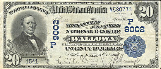 1902 $20.00. Wallowa, OR Charter# 9002 Blue Seal Date Back. VF.