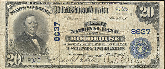 1902 $5.00. Roodhouse, IL Charter# 8637 Blue Seal. F.