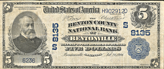 1902 $5.00. Bentonville, AR Charter# 8135 Blue Seal. VF.