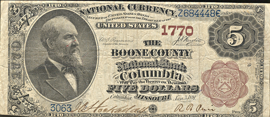 1882 $5.00. Columbia, MO Charter# 1770 Brown Back. VF.