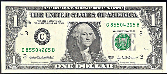 Run of five 2003-A Philadelphia $1, two with heavy ink overprint.  CHCU.