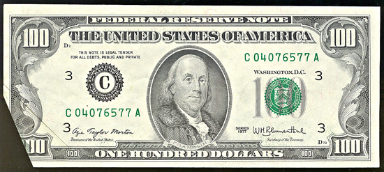 $100 Federal Reserve Note fold-over error.