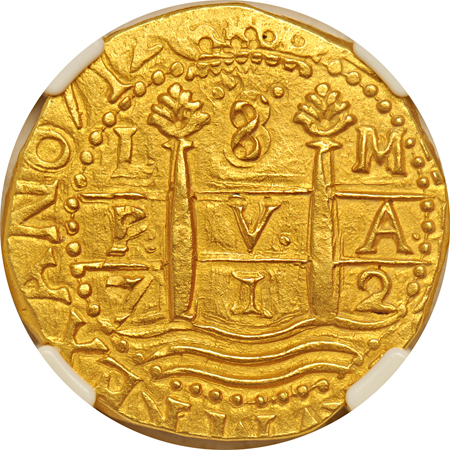 Spain - 1715 Plate Fleet Treasure, 1712 gold 8-escudos cob, 26.8 grams.  NGC AU-58.