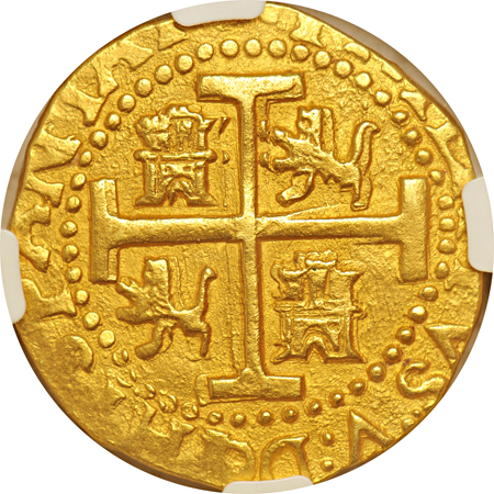 Spain - 1715 Plate Fleet Treasure, 1712 gold 8-escudos cob, 26.8 grams.  NGC AU-58.