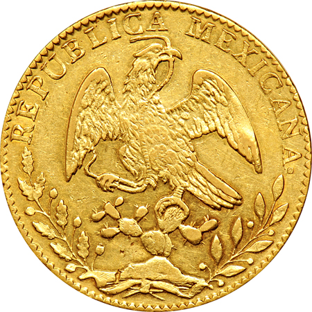 Mexico - 1868/58-Go YF 8-escudos.  AU/cleaned.