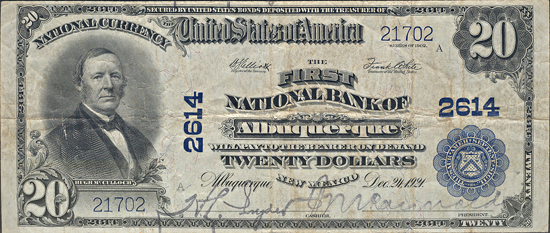 1902 $20.00. Albuquerque, NM Charter# 2614 Blue Seal. PMG VF.