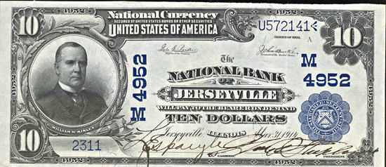 1902 $10.00. Jerseyville, IL Charter# 4952 Blue Seal. XF.