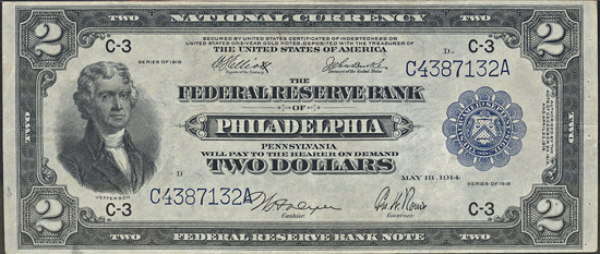 1918 $2.00 Philadelphia PMG VF-35/pinholes.