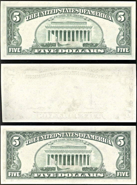 1977 $5 Federal Reserve Note, Philadelphia, missing back, plus two bookends.  CHCU.