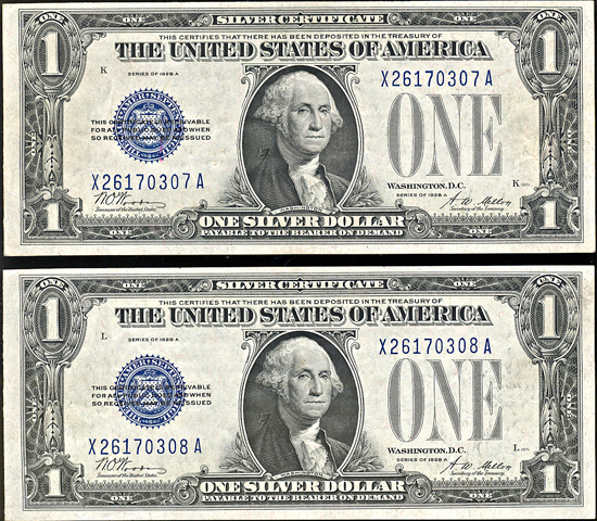 Consecutive pair of 1928-A $1 Silver Certificates with inverted back.  VF.