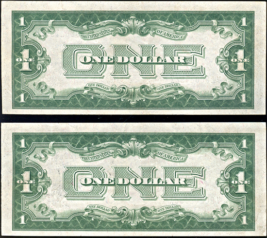 Consecutive pair of 1928-A $1 Silver Certificates with inverted back.  VF.