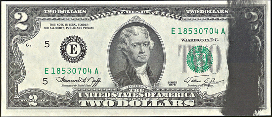 1976 $2 Federal Reserve Note, Richmond, with broad ink smear.  CU.