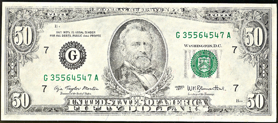 1977 $50 Federal Reserve Note, Chicago, with insufficient print ink error. CHCU.