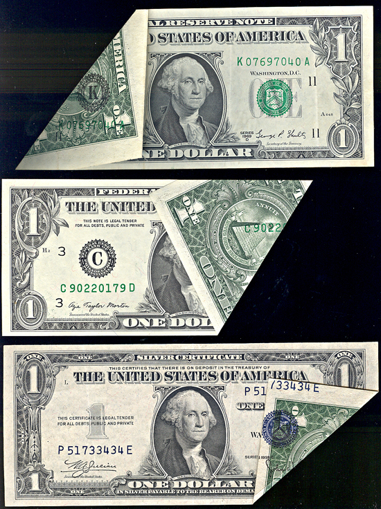 Three small size $1 foldover to front error notes.