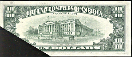 1977-A $10 Federal Reserve Note, Chicago, with foldover to front error. AU.