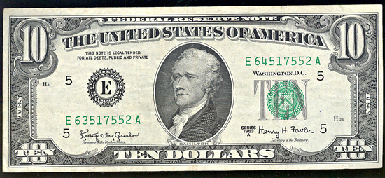 1963-A $10 Federal Reserve Note, Richmond, with MISMATCHED serial numbers error. VF.